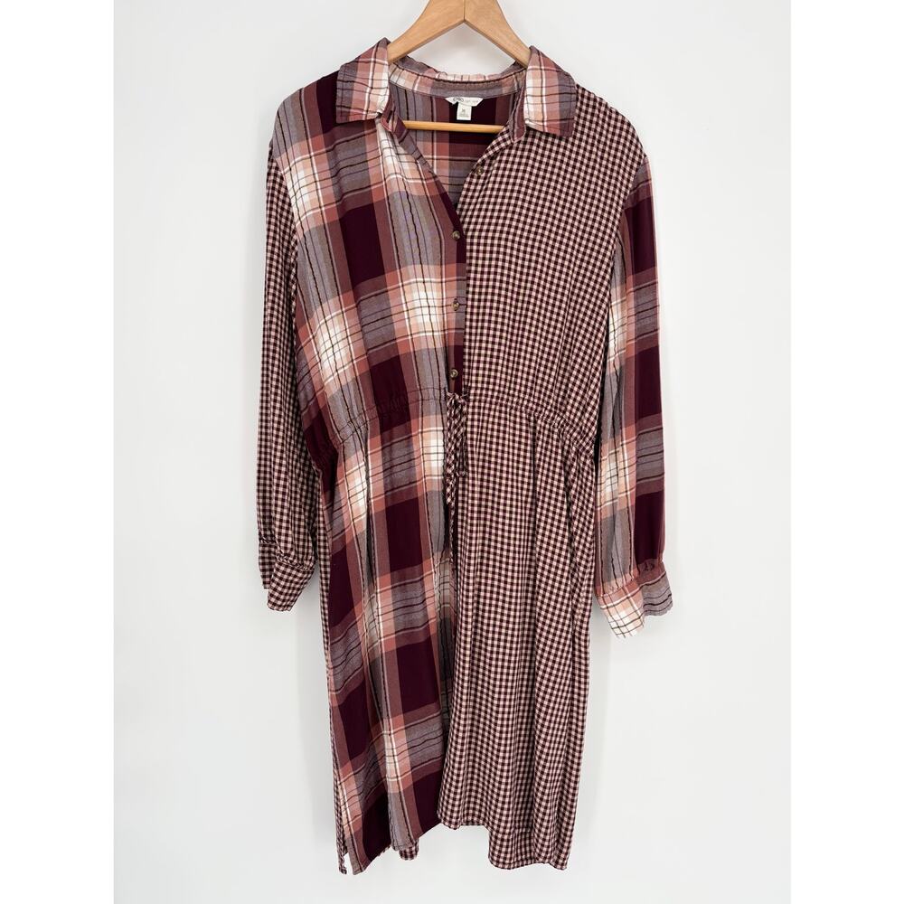 Cato Red Cream Plaid Gingham Tie Waist Long Sleeve Shirt Dress Size XL